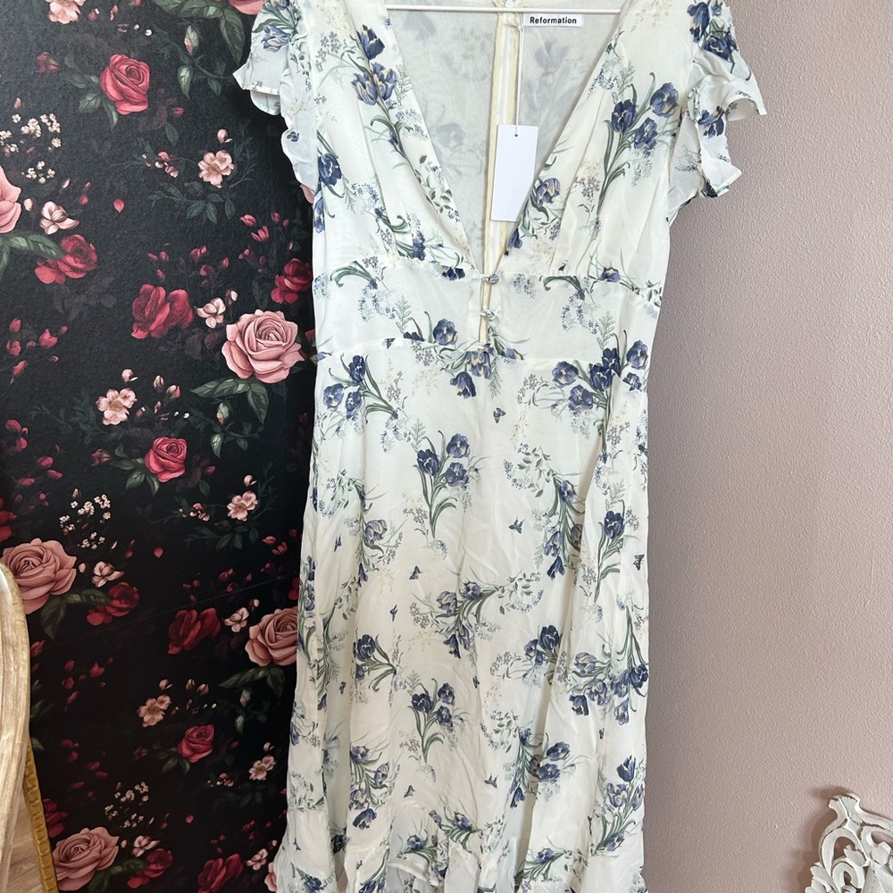 Reformation White and Blue Floral Midi Dress